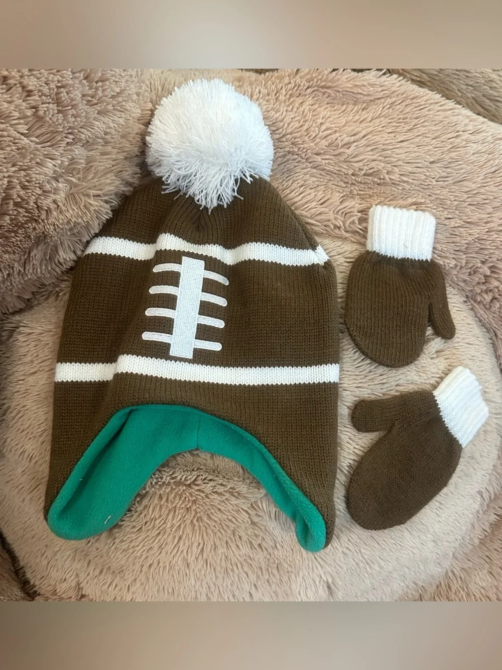 F-26 Kids Football Beanie and Mittens Set - Brown & White - Like New -Never worn